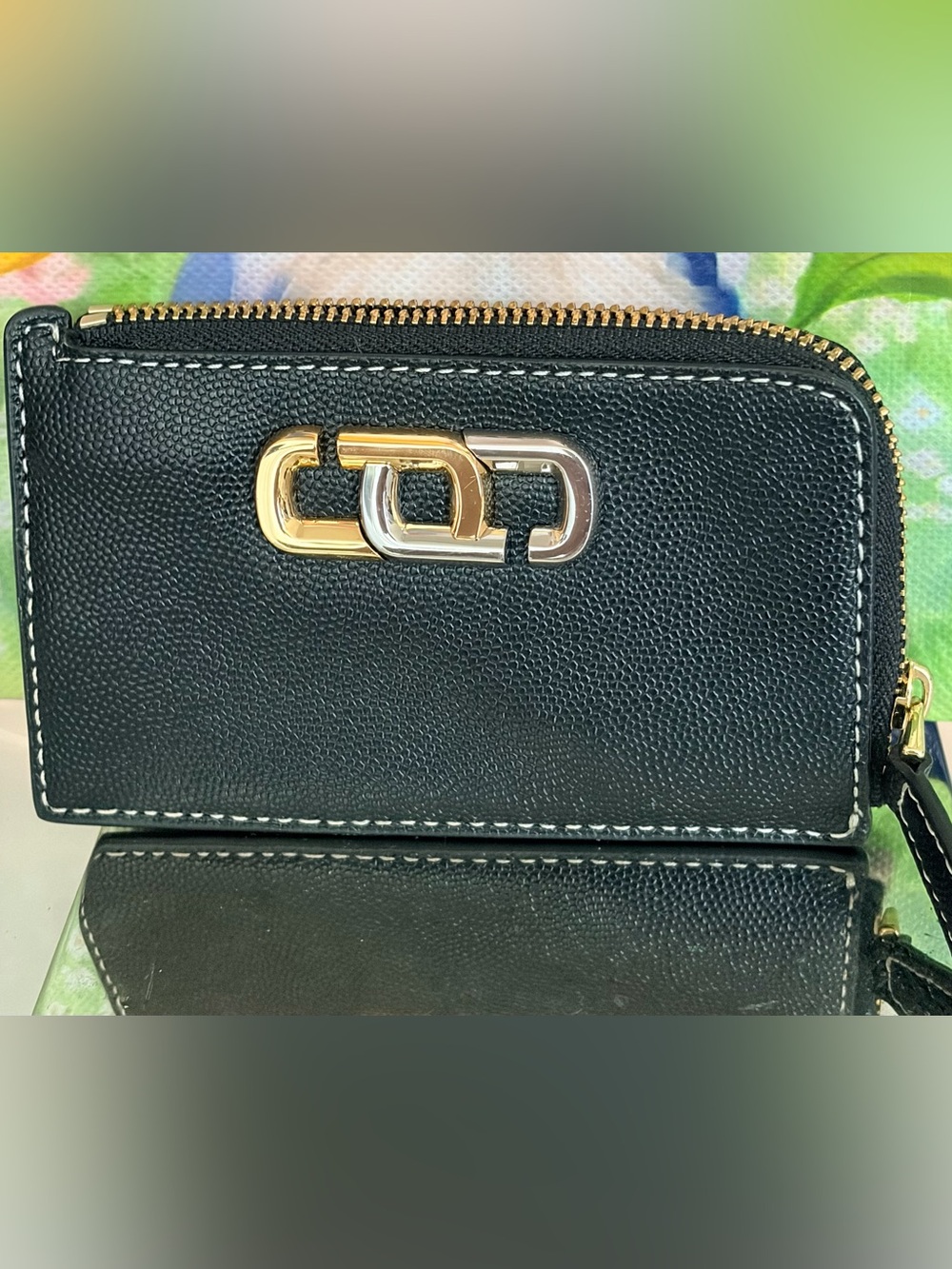 Marc Jacobs Black Leather Zip Card Case with Gold & Silver Hardware